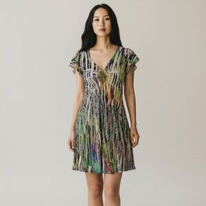 One World Beaded V Neck Flutter Sleeve Fairy Dress Abstract Indie Women's Size S